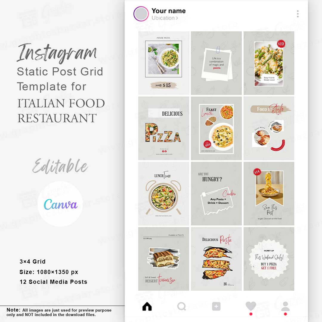 Italian Food Restaurant instagram feed canva template
